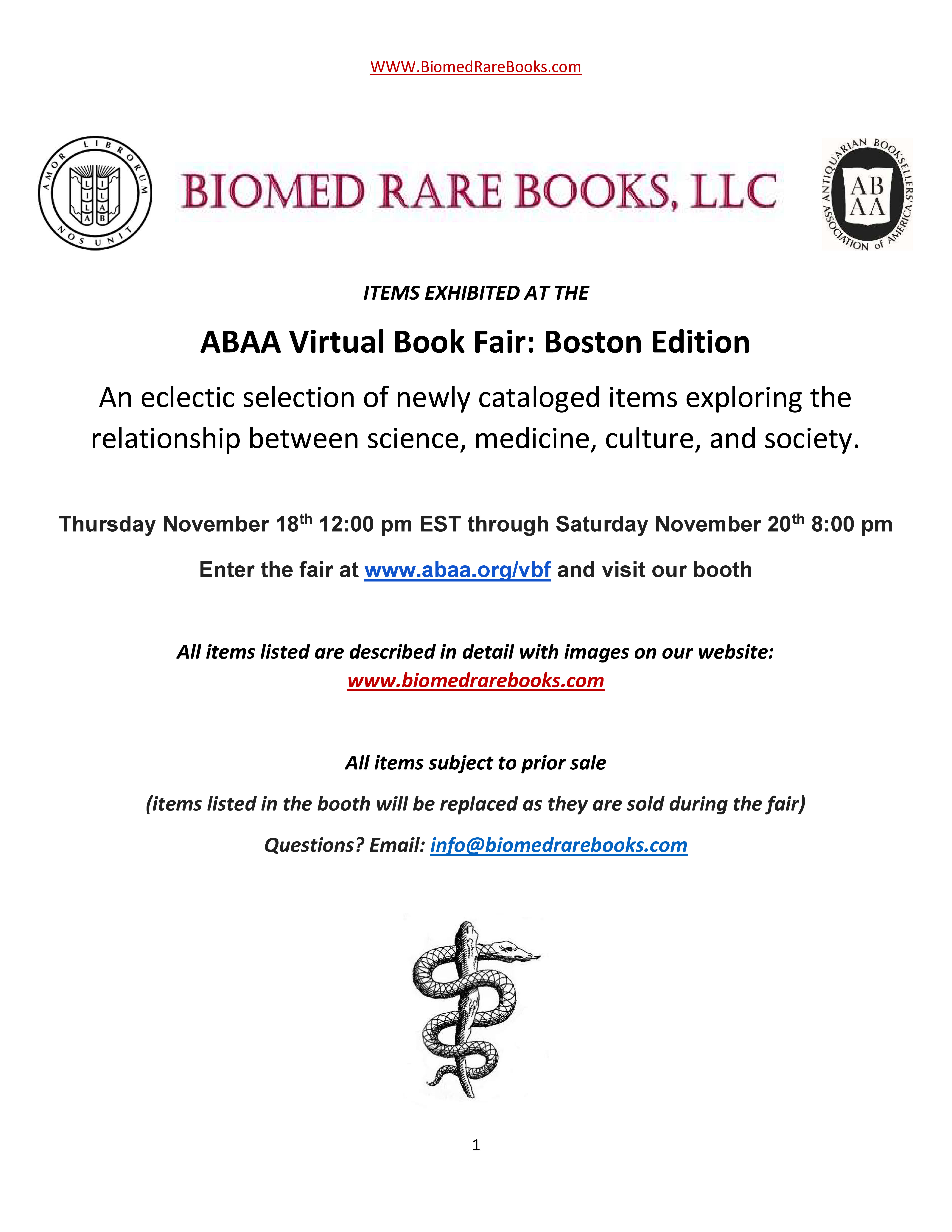 Biomed Rare Books ABAA Boston Book Fair List 2021